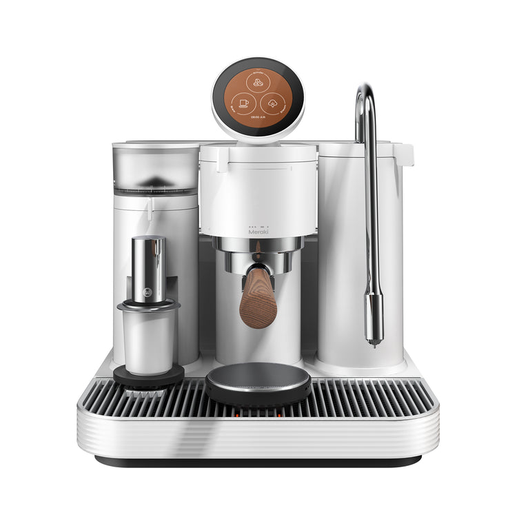 Meraki dual boiler espresso machine: touchscreen, wood portafilter, chrome steam wand.