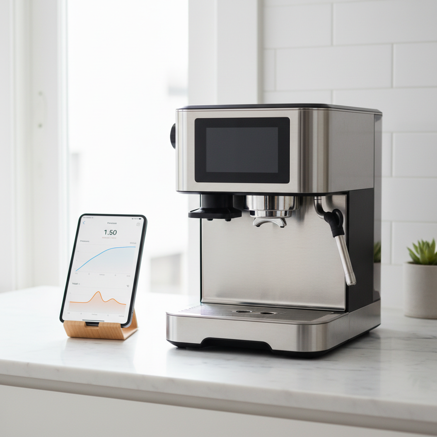 A modern smart espresso machine in a clean home kitchen beside a tablet showing real-time extraction metrics.