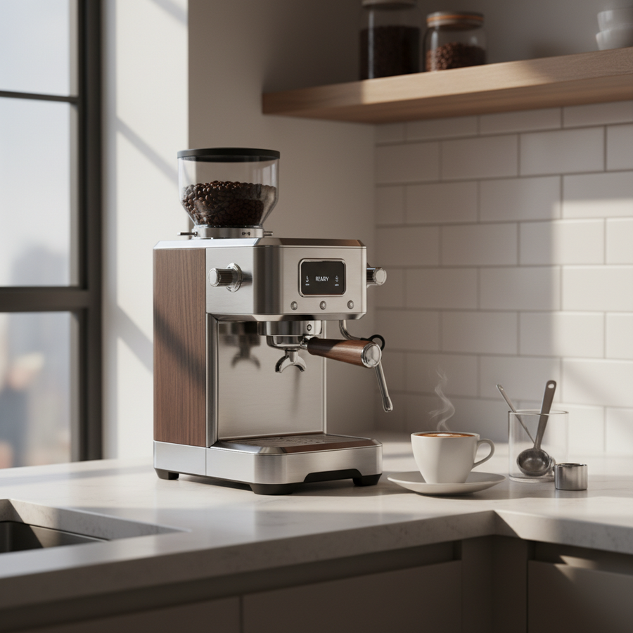 A compact high-end espresso machine with an integrated grinder on a modern small apartment kitchen counter in soft morning light.
