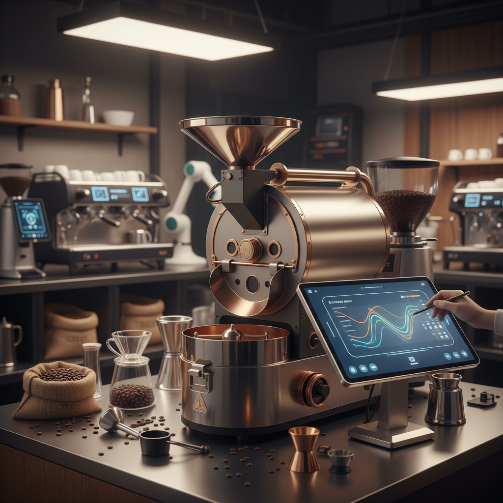 A modern coffee roaster studio with a digital brew profile interface displayed on a tablet beside roasting equipment.