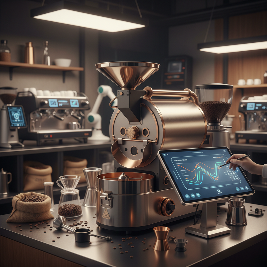 A modern coffee roaster studio with a digital brew profile interface displayed on a tablet beside roasting equipment.