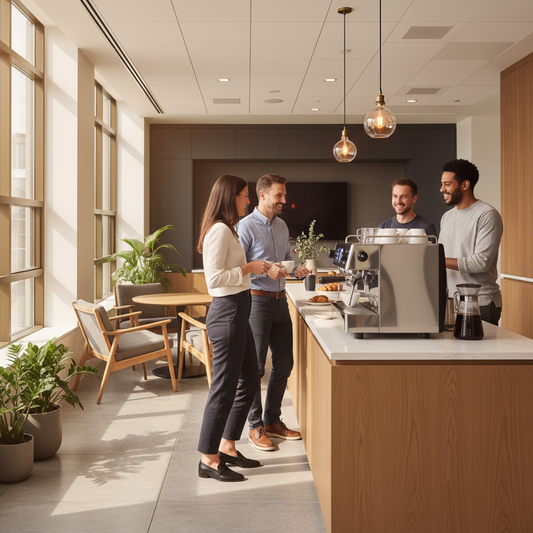 A modern office breakroom with a sleek espresso machine on the counter and creative professionals casually using it.