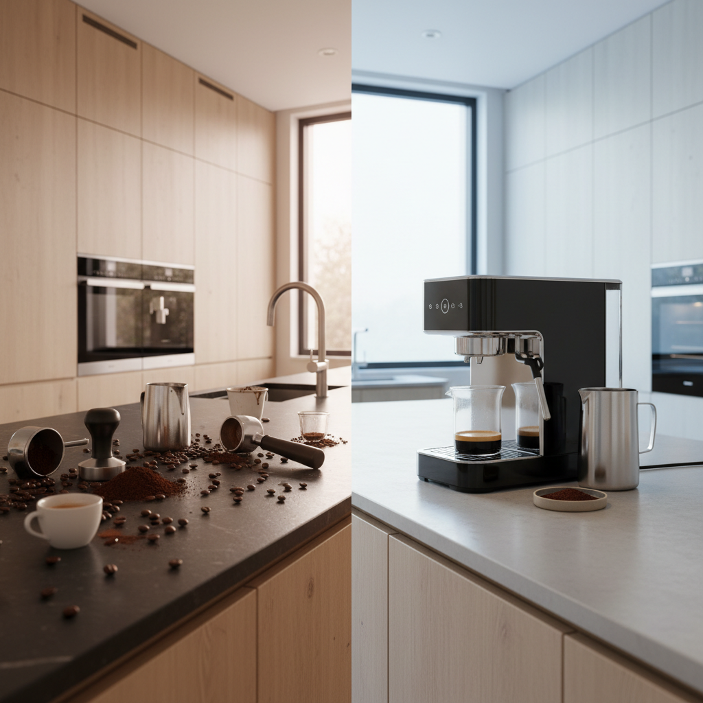 Split-scene style image showing a messy traditional espresso setup with wasted coffee grounds contrasted against a clean modern smart espresso machine in a bright contemporary kitchen.