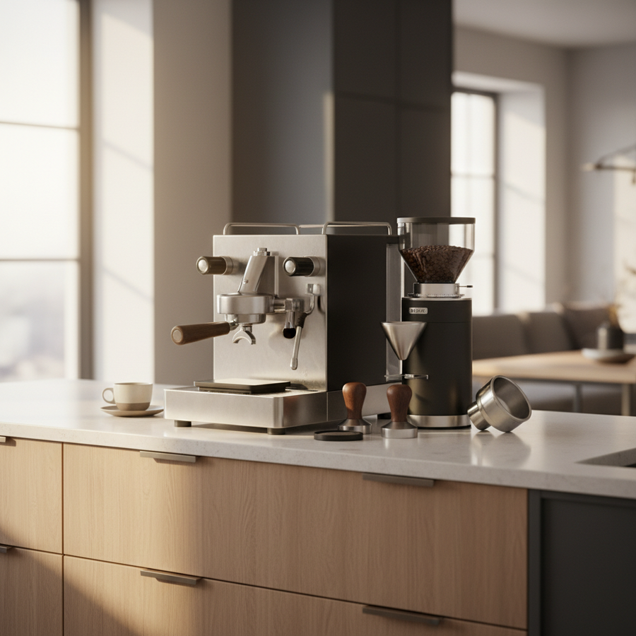 A premium compact home espresso station arranged on a modern kitchen counter with a prosumer espresso machine, grinder, and scale.