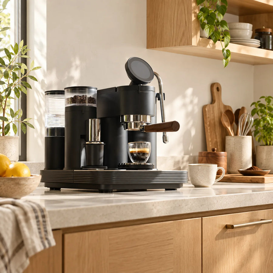 small-kitchen-espresso-machine-cover.webp	Black Meraki espresso machine on a light countertop in a small kitchen with oak cabinets.