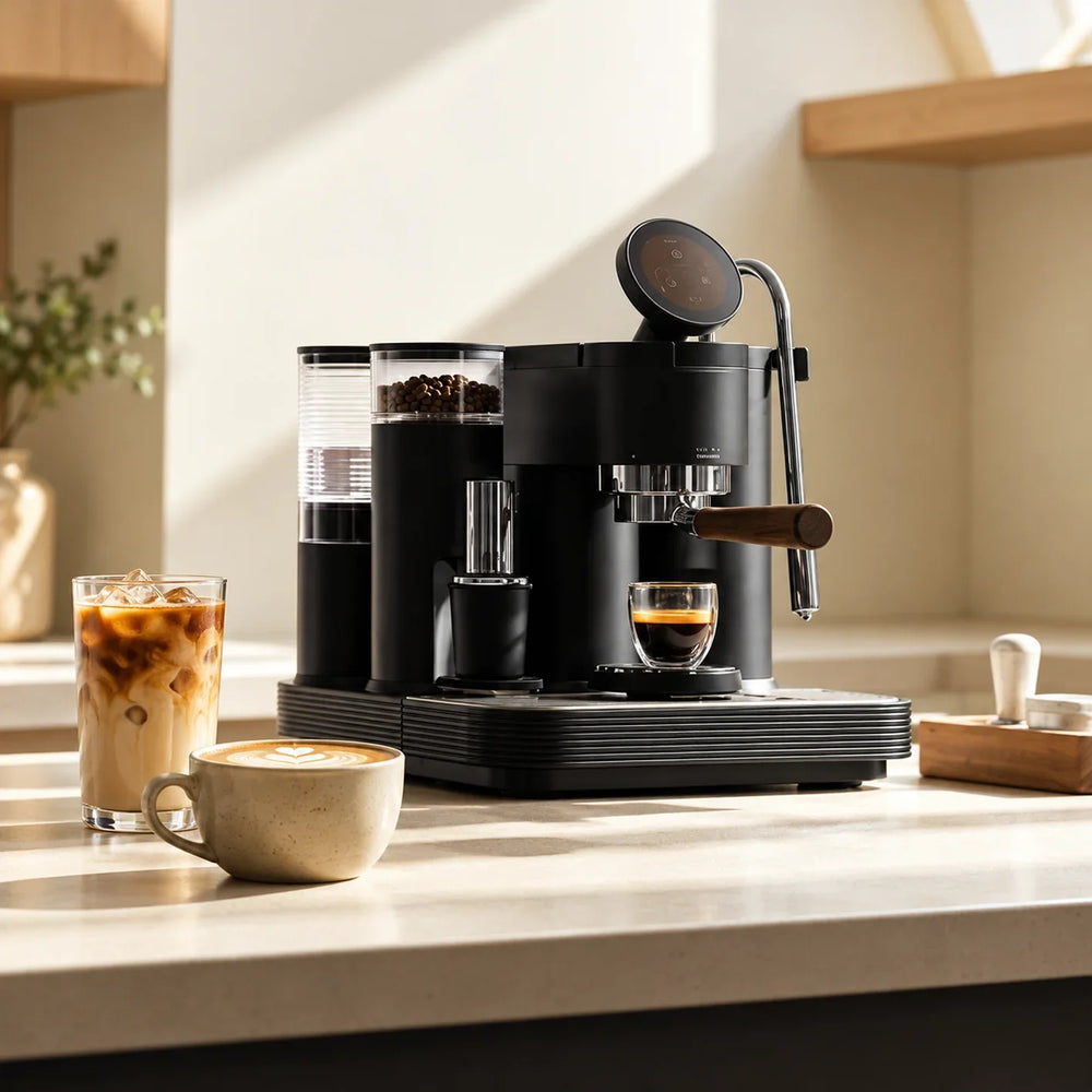 Meraki espresso machine with a small espresso cup, ceramic latte cup and tall iced latte glass on a kitchen counter.