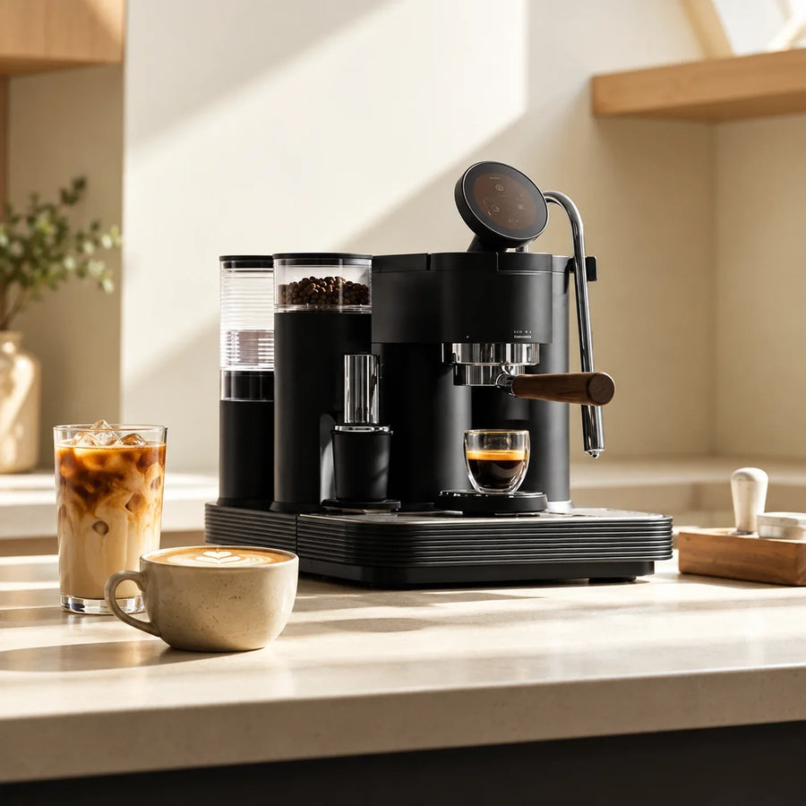Meraki espresso machine with a small espresso cup, ceramic latte cup and tall iced latte glass on a kitchen counter.