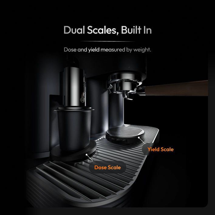 Meraki espresso machine with labeled built-in scales for measuring ground coffee dose and espresso yield by weight.