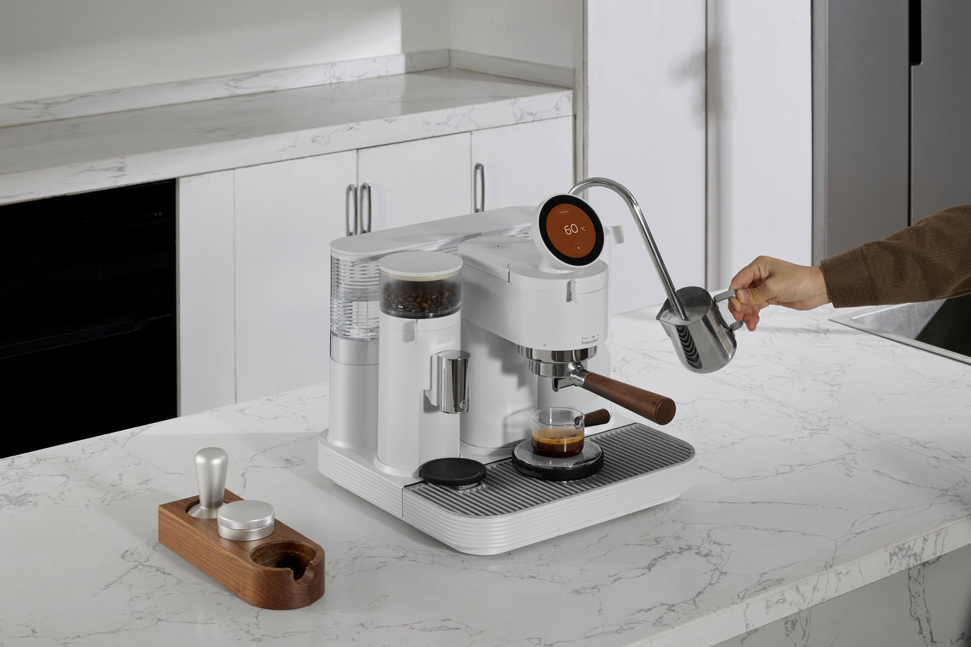 Meraki dual-boiler espresso machine in a home coffee setup