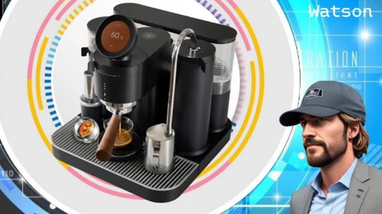 Watson’s Reviews thumbnail featuring a black Meraki espresso machine brewing coffee and steaming milk.