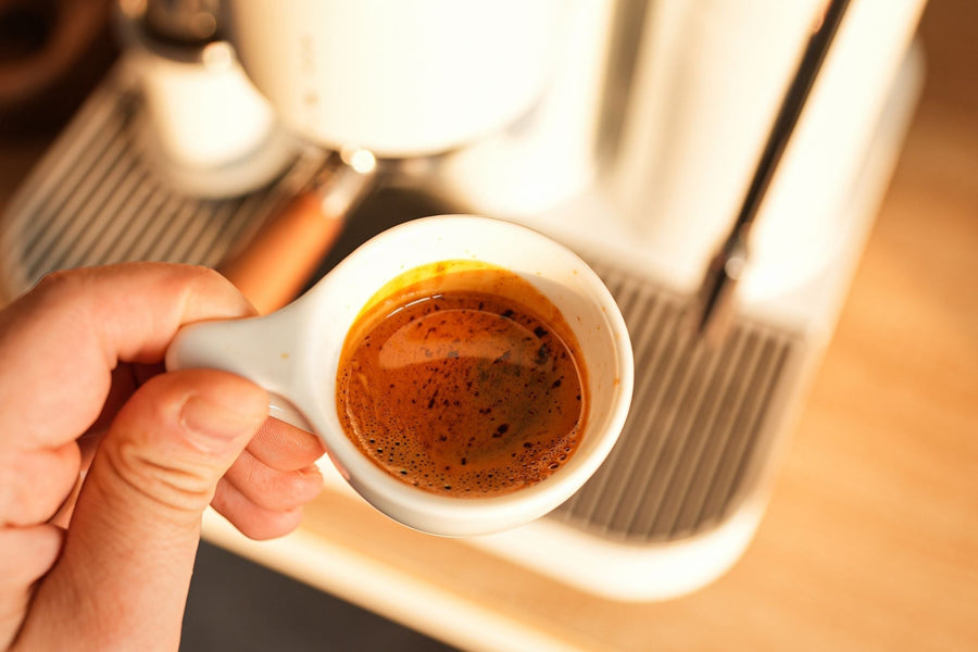 A hand holding a small white ceramic cup of espresso with rich crema.