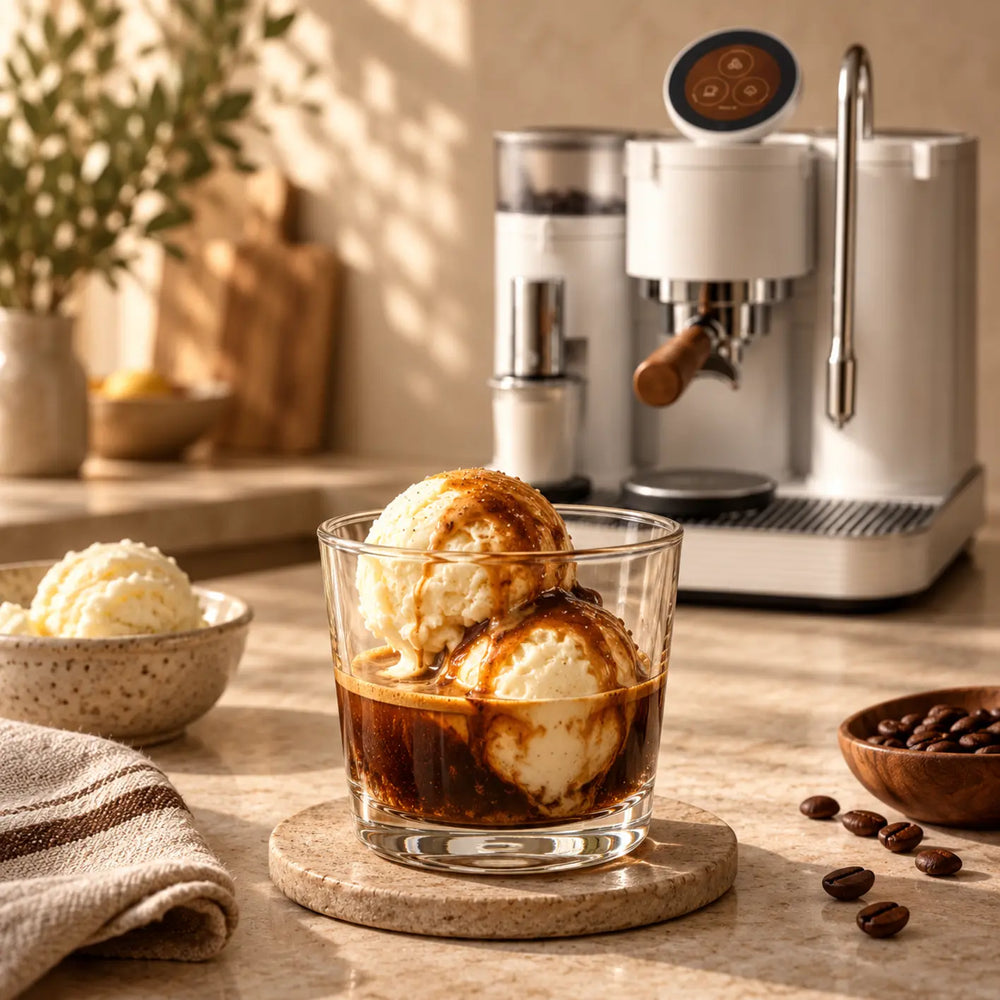 Italian affogato with vanilla gelato and espresso beside a white Meraki espresso machine