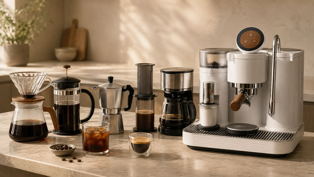 Home coffee brewing methods including espresso, pour-over, French press, moka pot, AeroPress, drip coffee, and cold brew