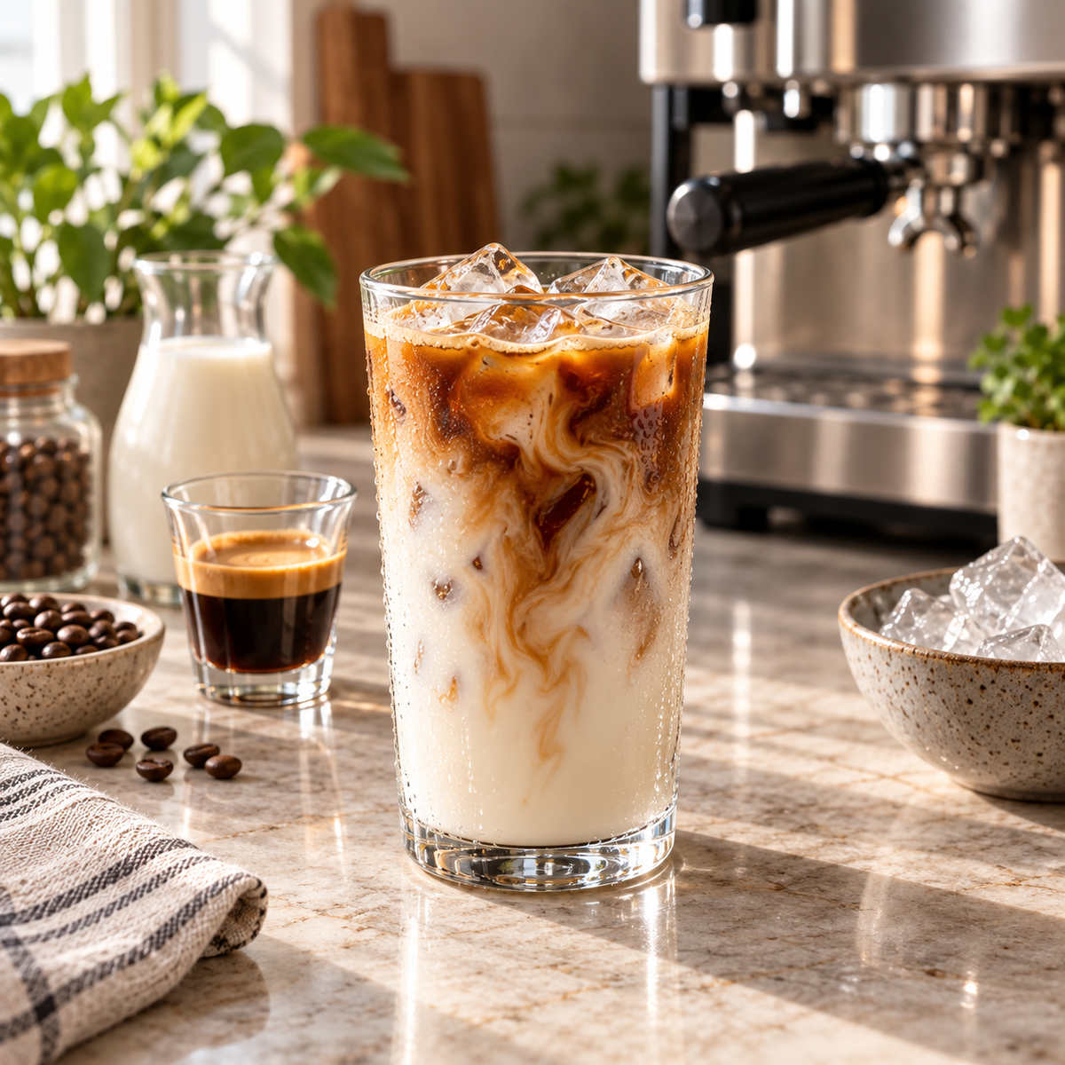 Iced latte with a double espresso, cold milk, and large ice cubes on a home coffee bar