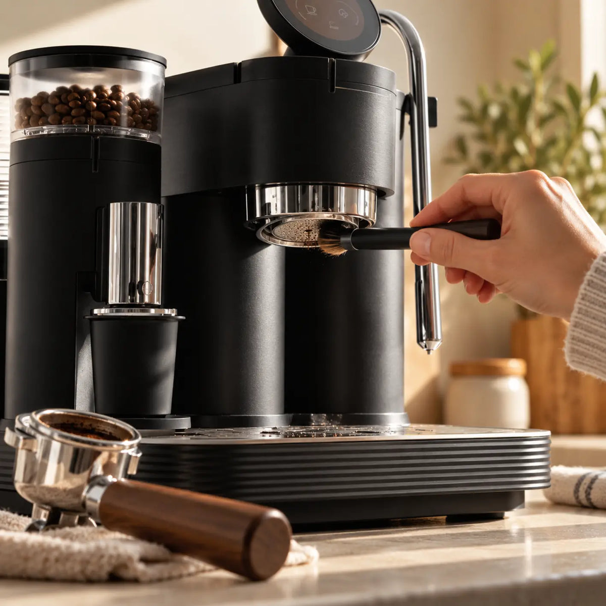 Cleaning the group head of a black Meraki espresso machine with a brush