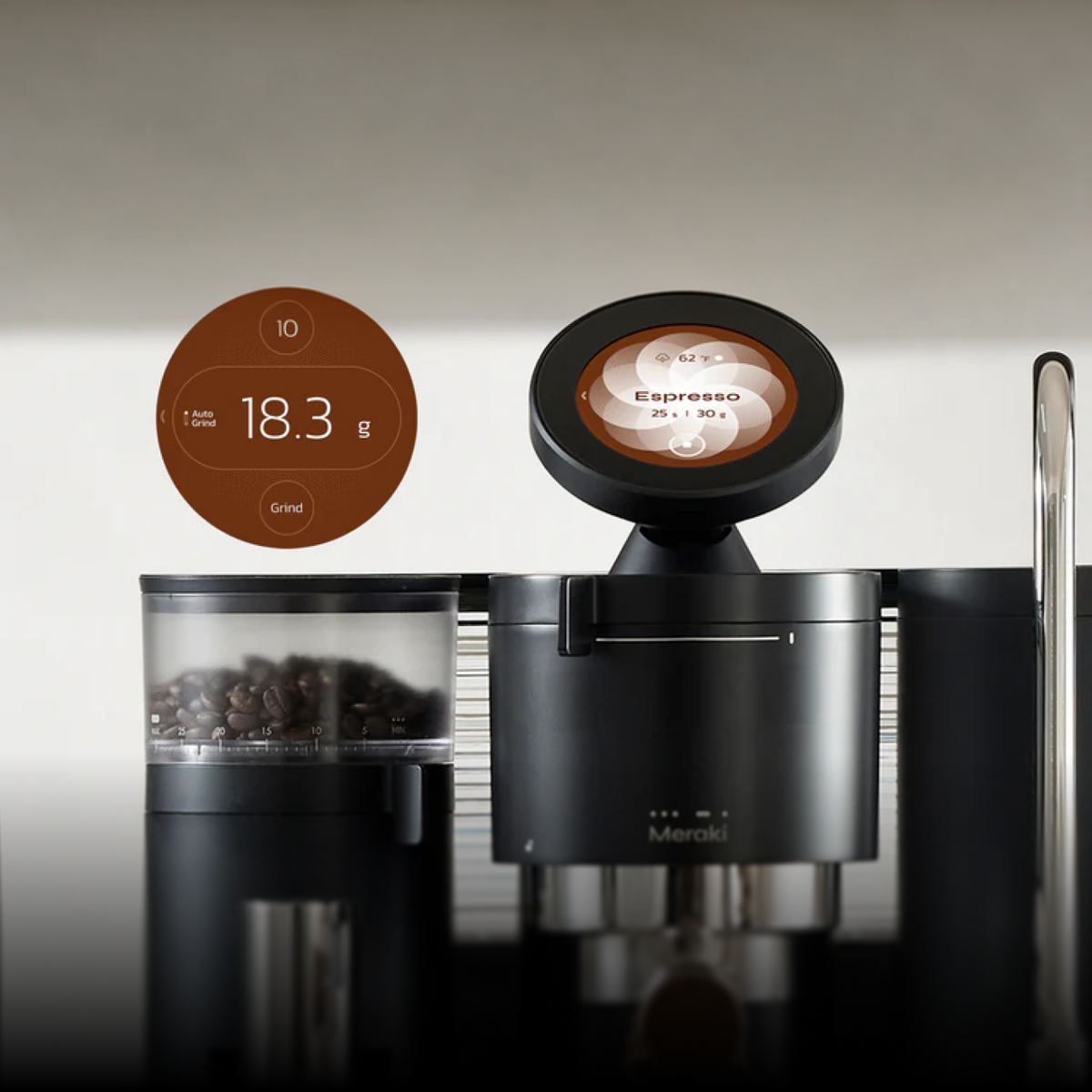 Meraki espresso machine touchscreen displaying an 18.3-gram coffee dose and guided espresso settings