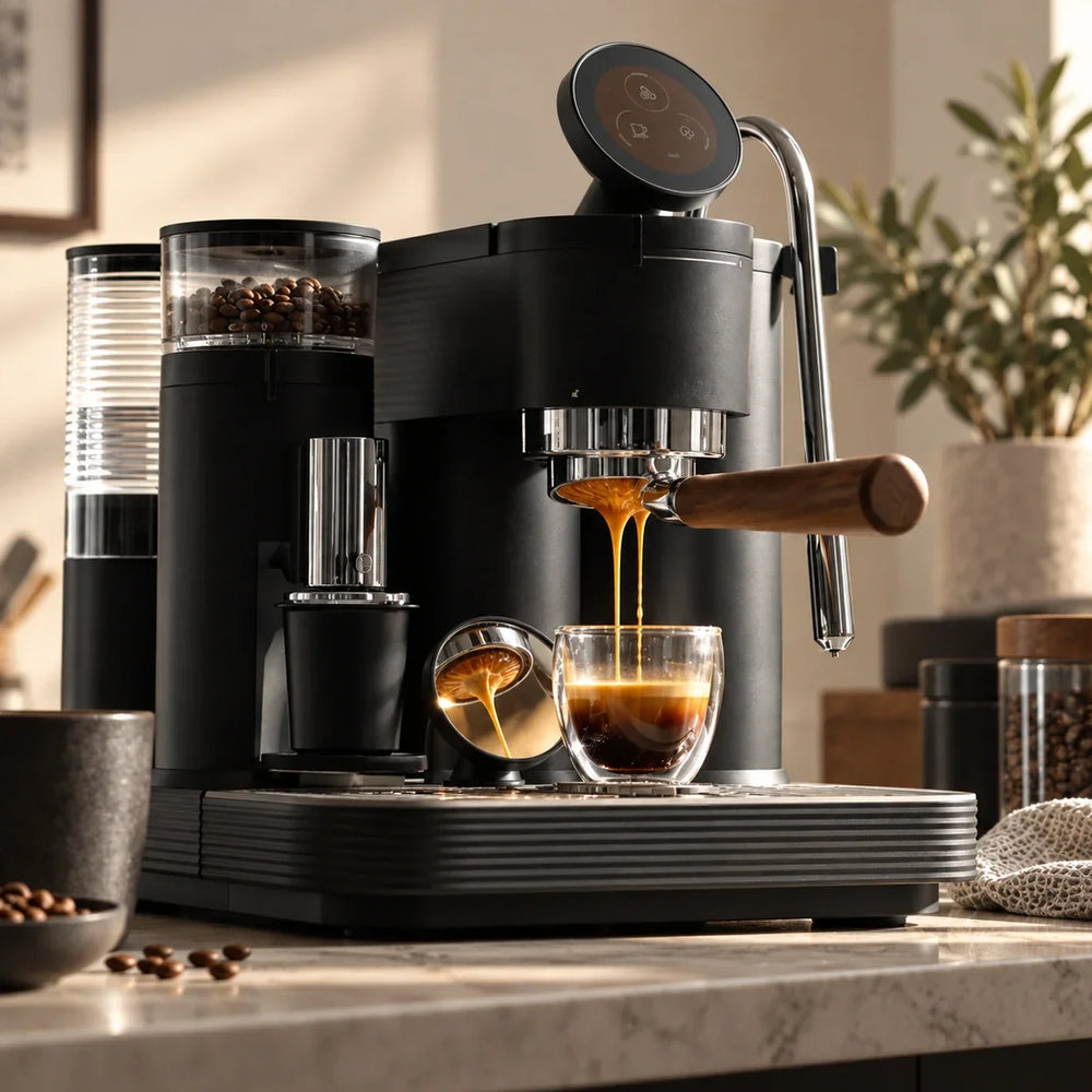 Meraki espresso machine pulling a shot as the espresso stream begins to blond