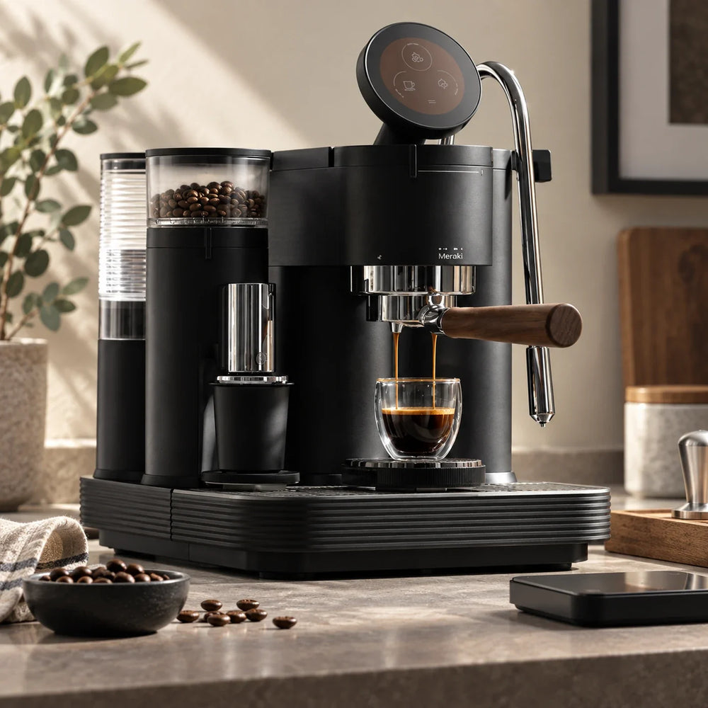 Meraki espresso machine pulling a shot with little crema in a clear glass