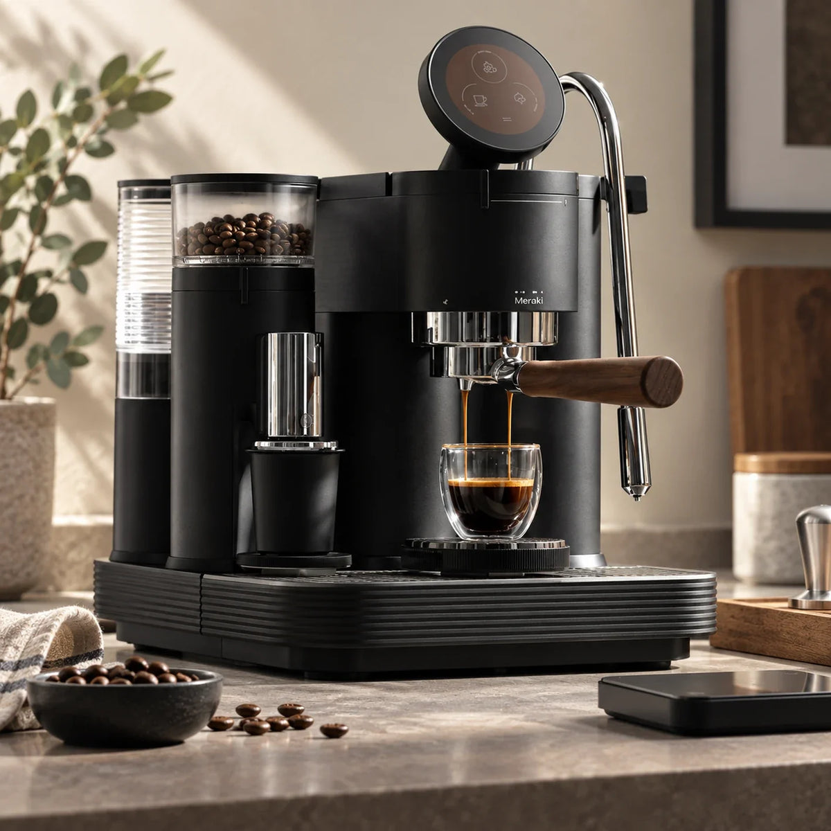 Meraki espresso machine pulling a shot with little crema in a clear glass