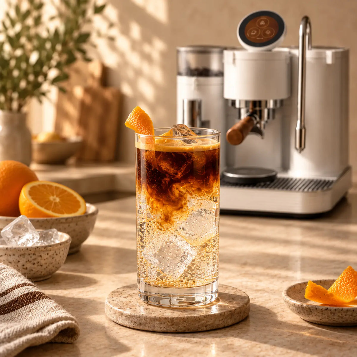 Espresso tonic with orange peel and ice beside a Meraki espresso machine
