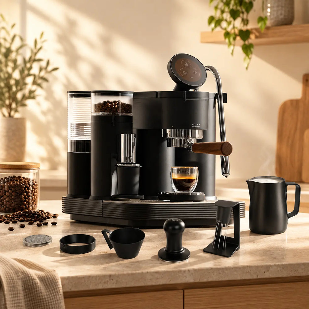 Meraki espresso machine and barista tools for a complete beans-to-milk workflow
