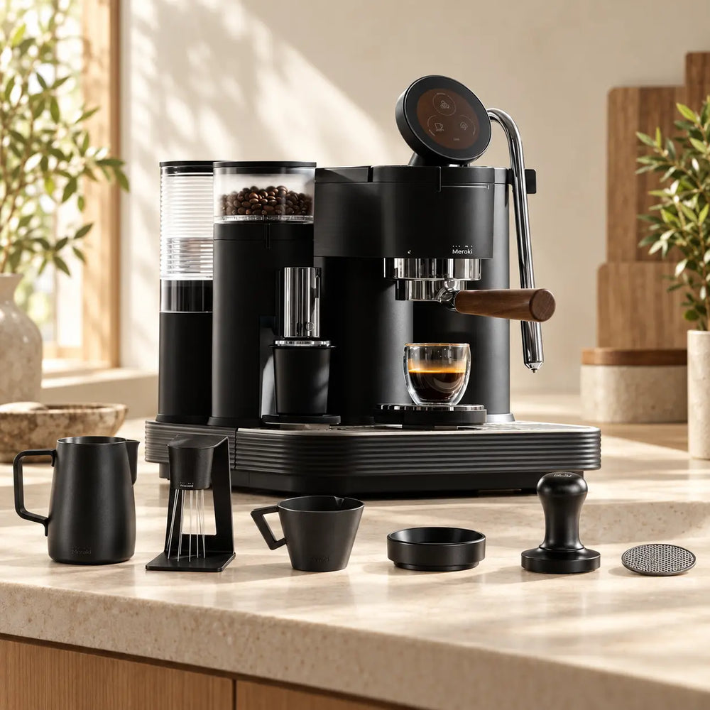Meraki espresso machine with six essential home espresso accessories