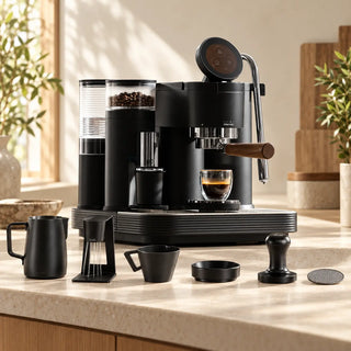 Meraki espresso machine with six essential home espresso accessories
