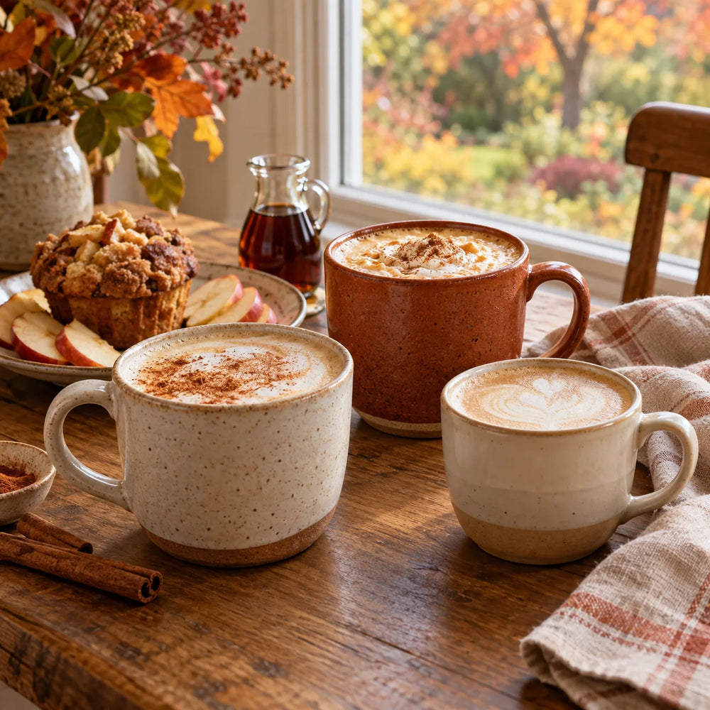 Three homemade lattes with an apple muffin and maple syrup on a wooden table beside an autumn window.
