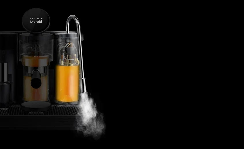 Cutaway rendering of the Meraki dual boiler espresso machine with highlighted boilers and steam flowing from the wand