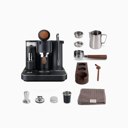 Meraki Espresso Machine with portafilter, milk pitcher, coffee baskets, tamper, WDT tool, dosing cup, and other home espresso accessories