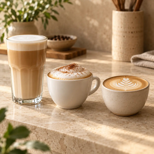 Latte, cappuccino, and flat white displayed side by side with different cup sizes and milk foam textures