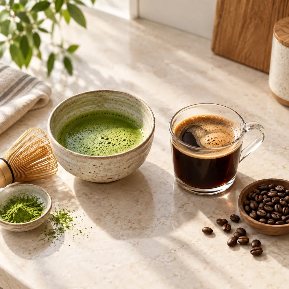 Matcha and black coffee served side by side for an energy comparison