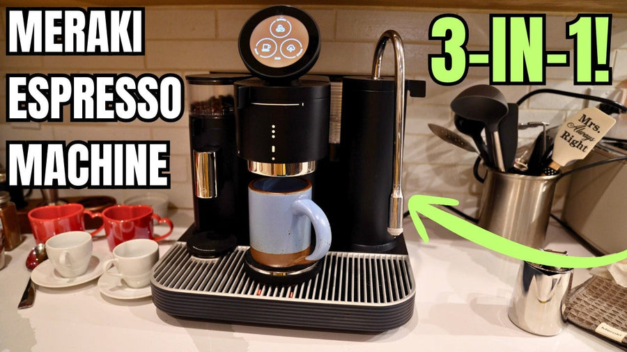 Jeff Springer’s Meraki espresso machine review thumbnail showing a black machine on a kitchen counter with “3-in-1” text.
