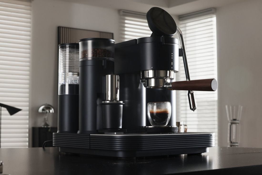 Meraki espresso machine on a modern home kitchen counter