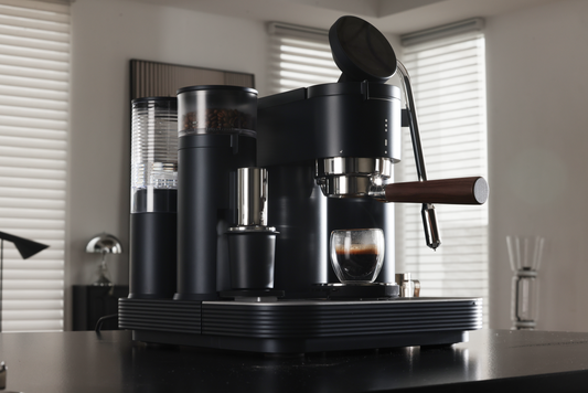 Meraki espresso machine on a modern home kitchen counter