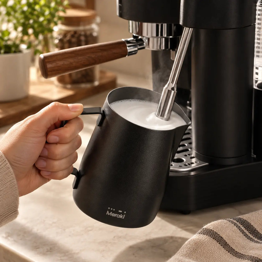 Meraki espresso machine steam wand texturing milk in a black pitcher, with foam visible on the surface
