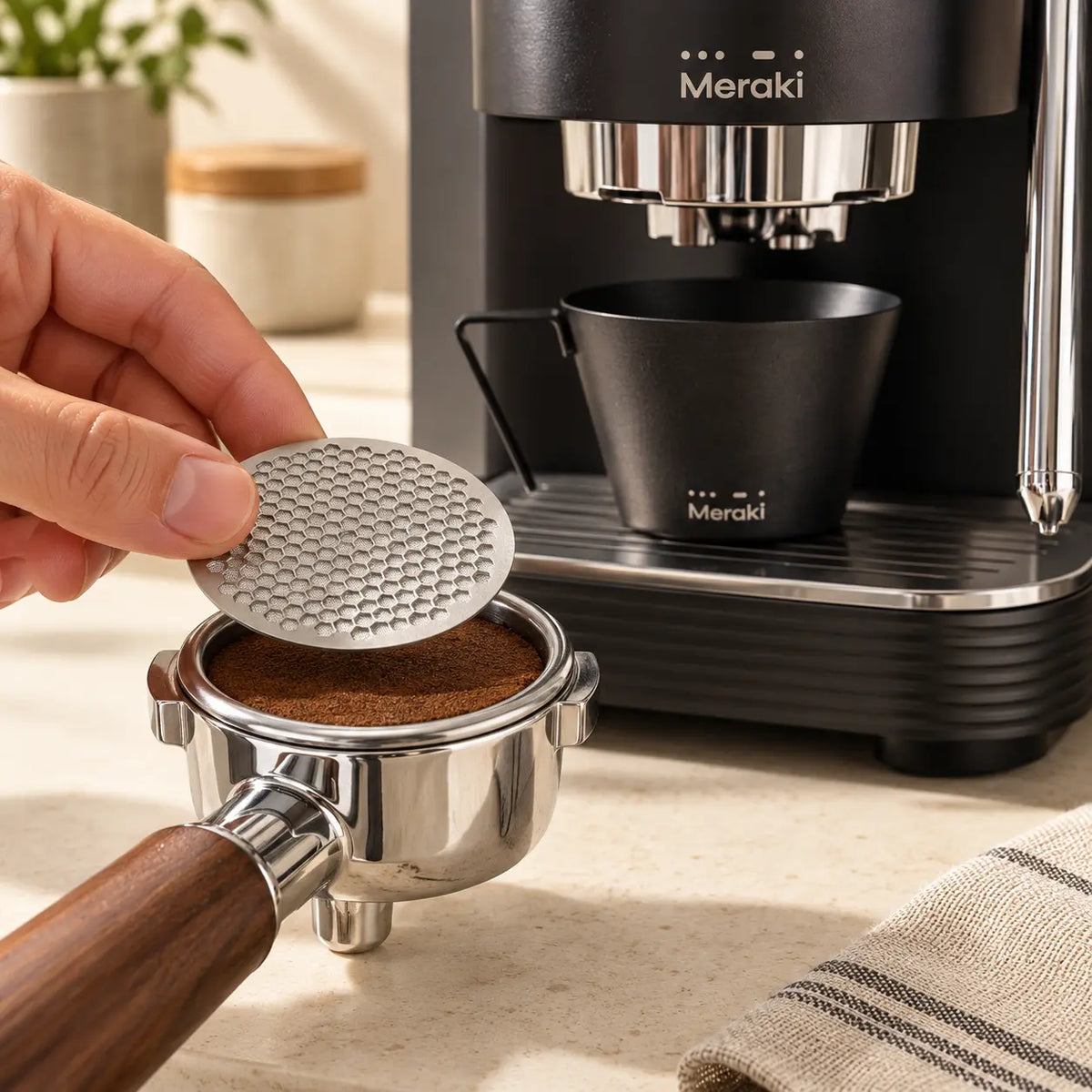 Hand holding a metal puck screen above tamped coffee grounds in a portafilter beside a Meraki espresso machine.