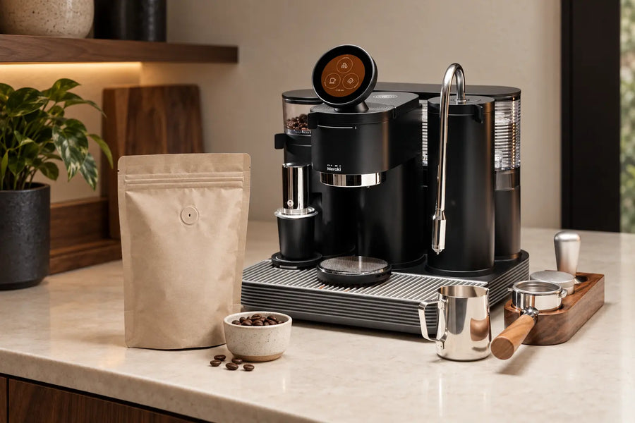 Meraki espresso machine beside a sealed coffee bag and freshly roasted beans