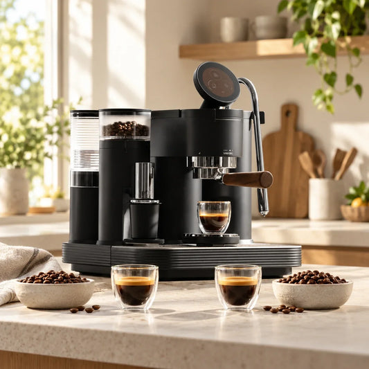Meraki espresso machine with two espresso cups comparing washed and natural coffee beans