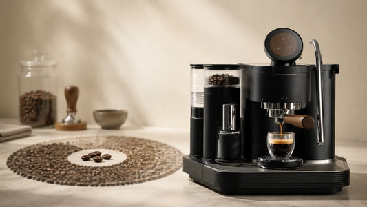 Meraki espresso machine illustrating the coffee 80/20 rule with a focused group of coffee beans