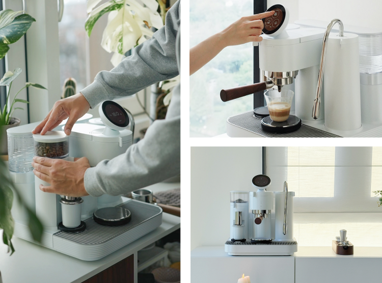 Meraki high end home espresso machine with white finish, featuring a dual boiler espresso machine system and integrated grinder for cafe-quality coffee at home.