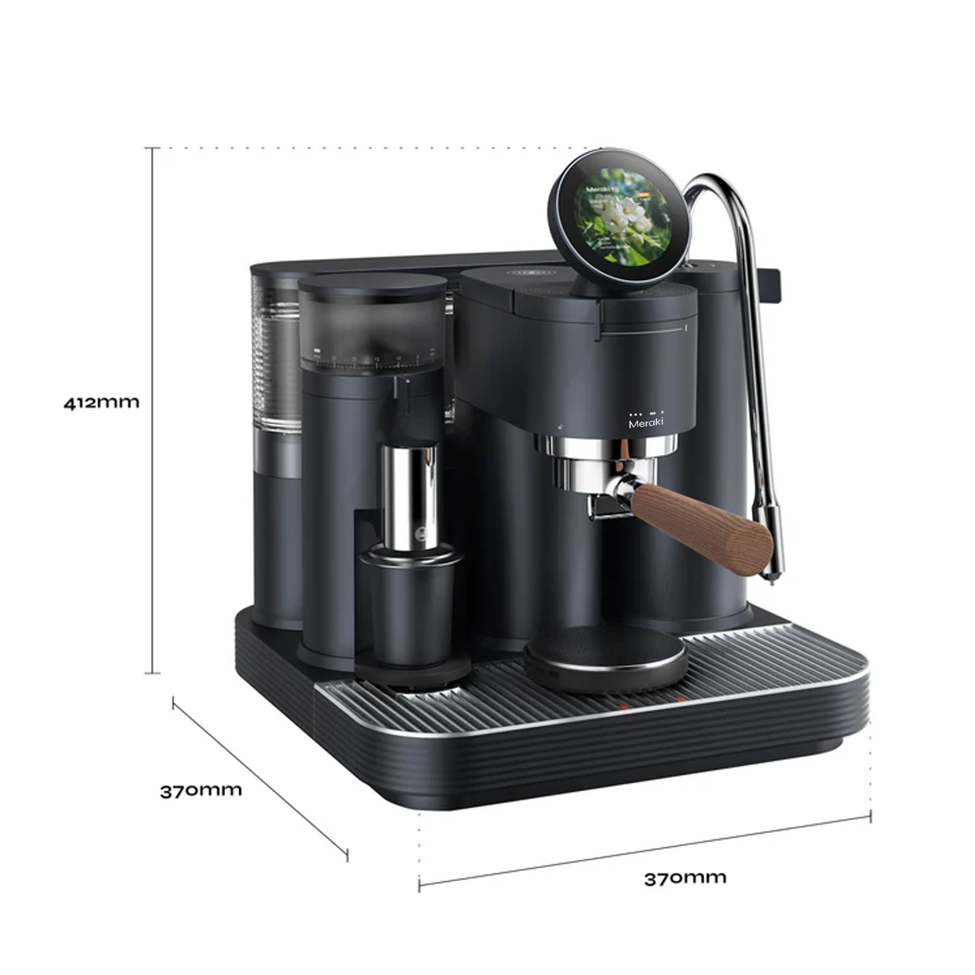 Meraki dual boiler espresso machine: rotary pump, integrated grinder, touchscreen, iF Gold Award winner.