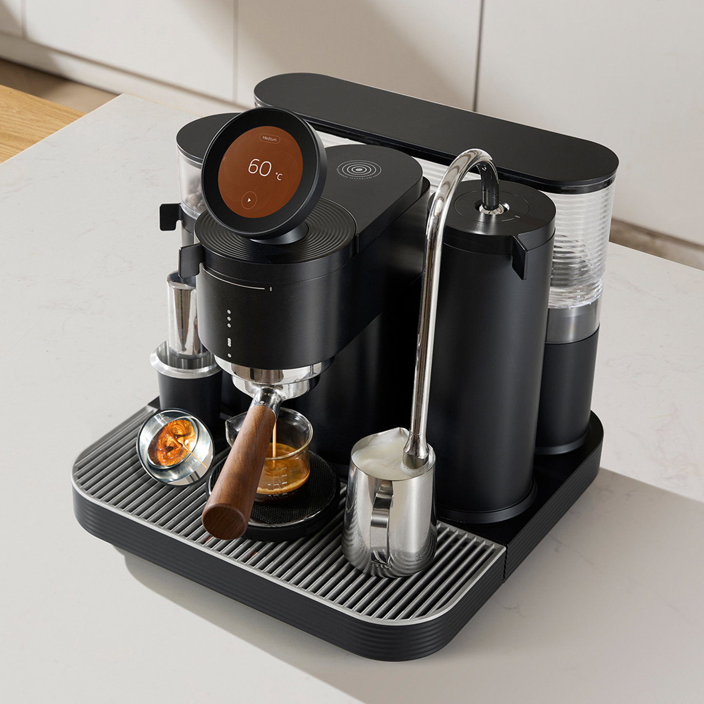 Black Meraki espresso machine in action, designed for refined home espresso brewing.