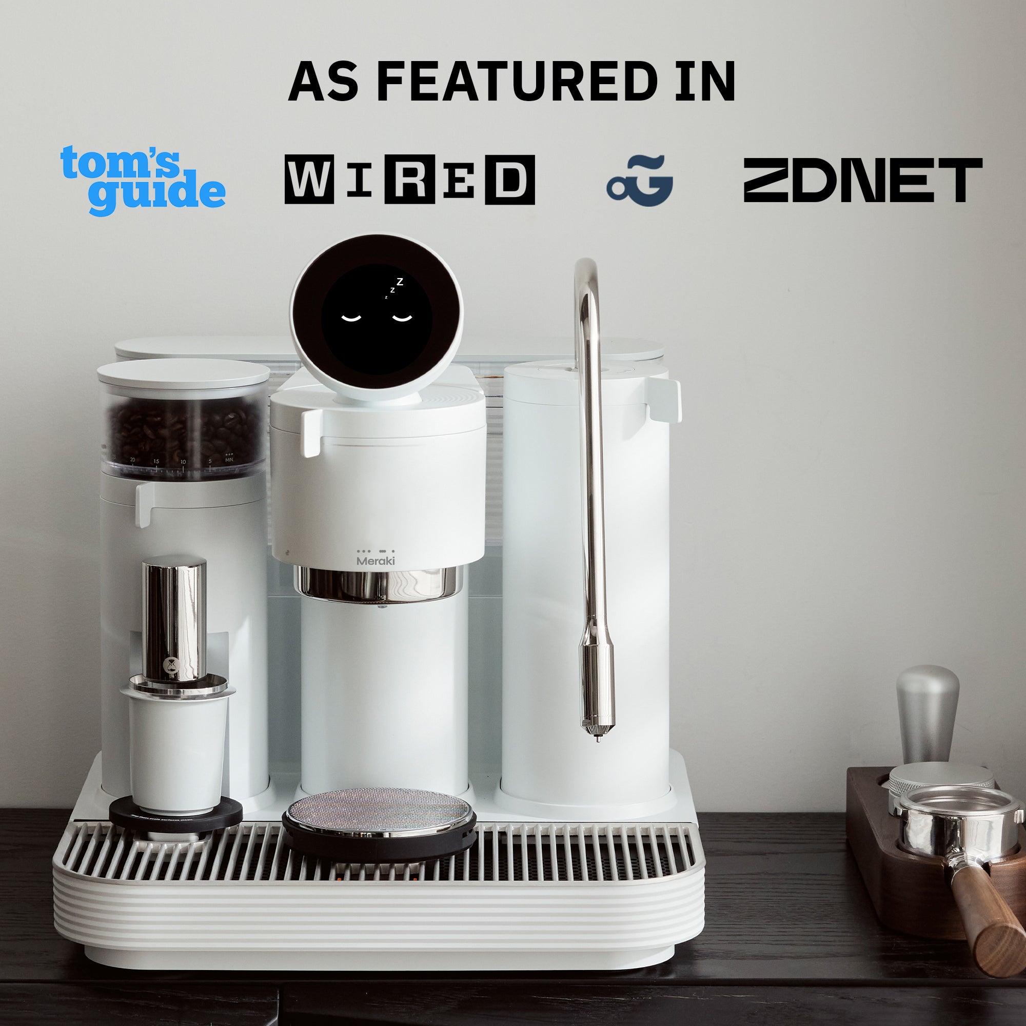 Meraki Espresso Machine featured in WIRED, Tom's Guide, ZDNET. Modern white dual boiler with smart screen.