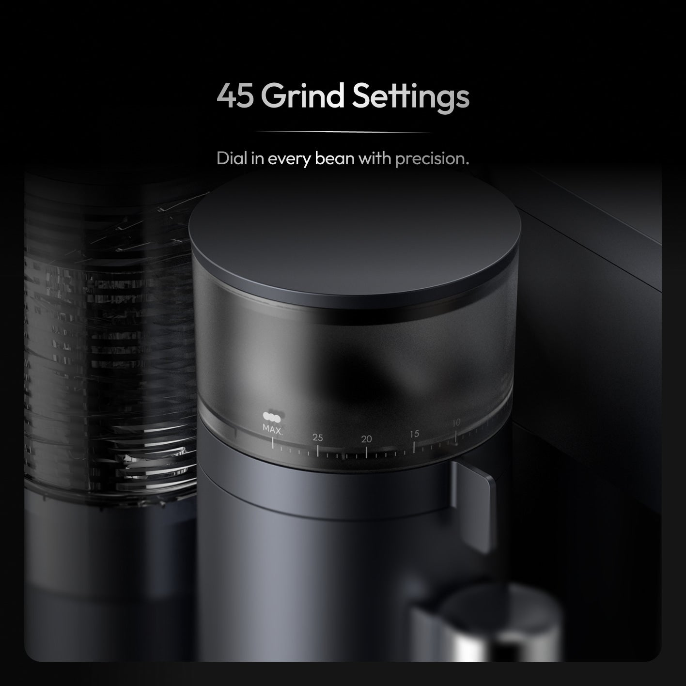 Close-up of the Meraki espresso machine's built-in grinder dial with 45 grind settings