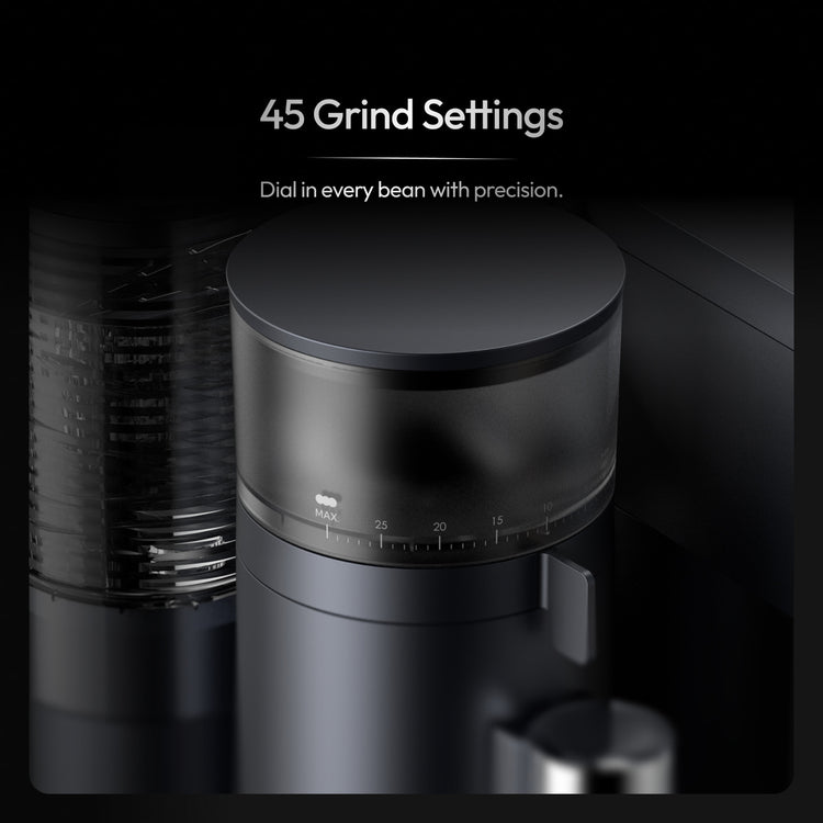 Close-up of the Meraki espresso machine's built-in grinder dial with 45 grind settings