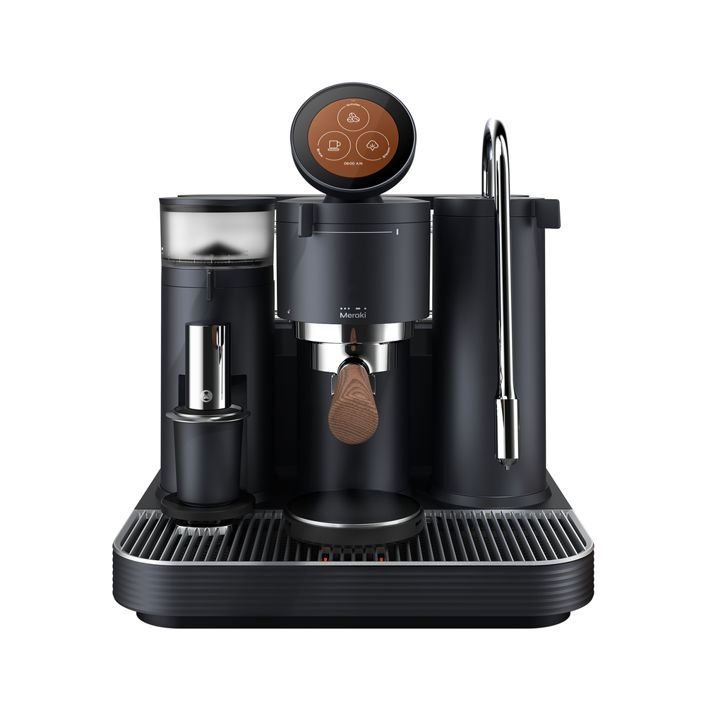 Black Meraki espresso machine viewed from an angle