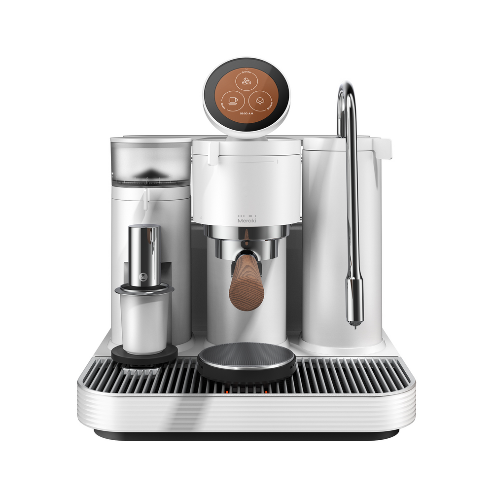 White Meraki machine with a wooden-handled portafilter