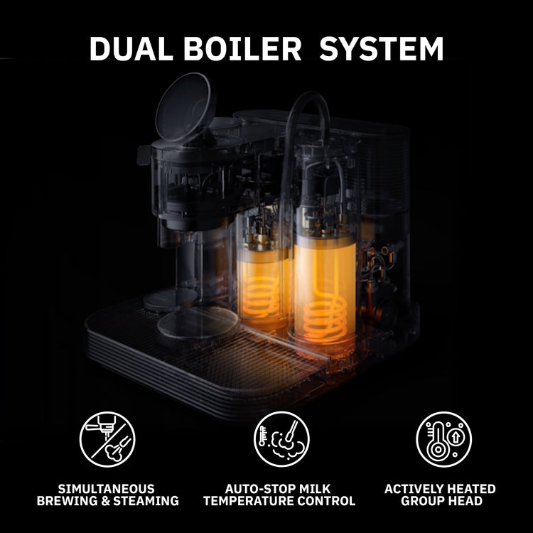 Meraki espresso machine dual boiler system with simultaneous brewing & steaming.