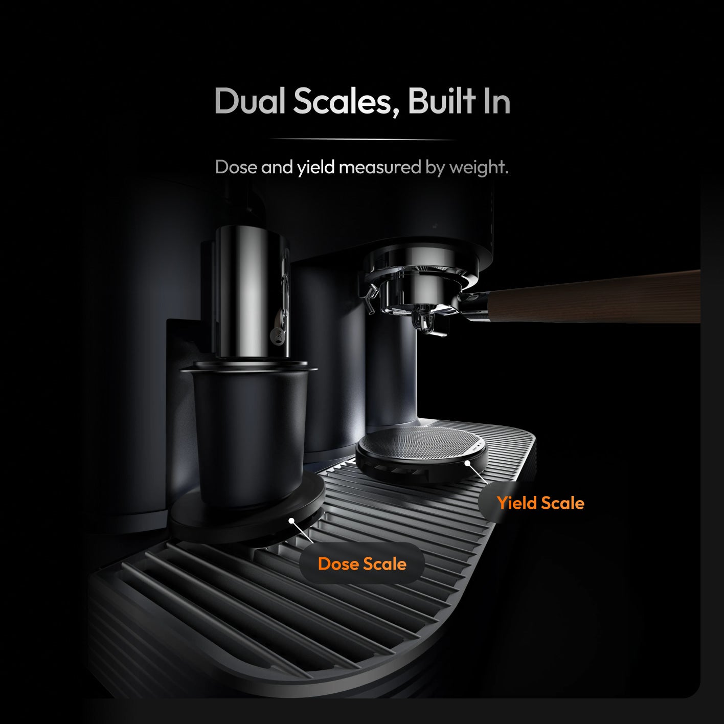 Built-in dose scale under the grinder and yield scale on the drip tray of the Meraki espresso machine